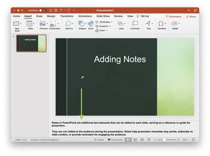 How do you show the Notes pane in PowerPoint?